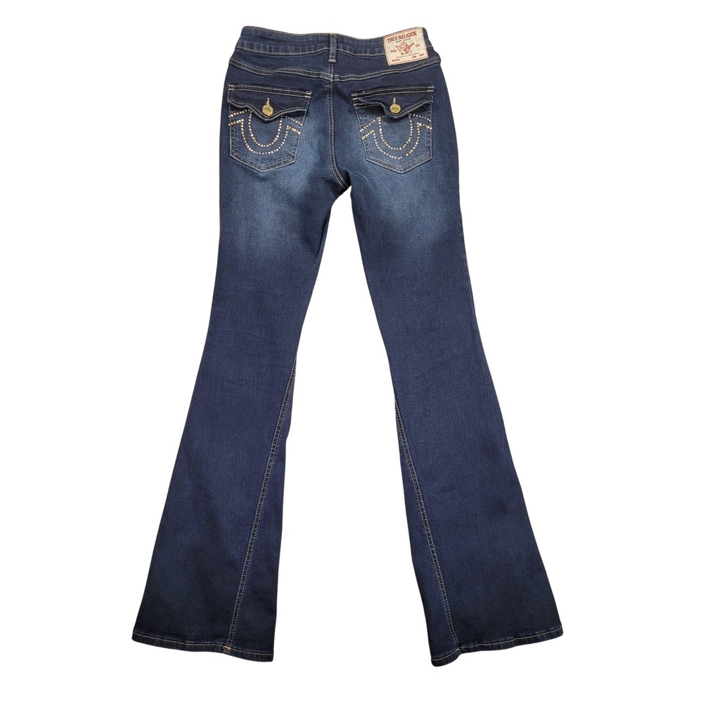 True Religion Joey Mid Rise Flare Jeans Dark Wash Rhinestone Horseshoe 27 *flaw
